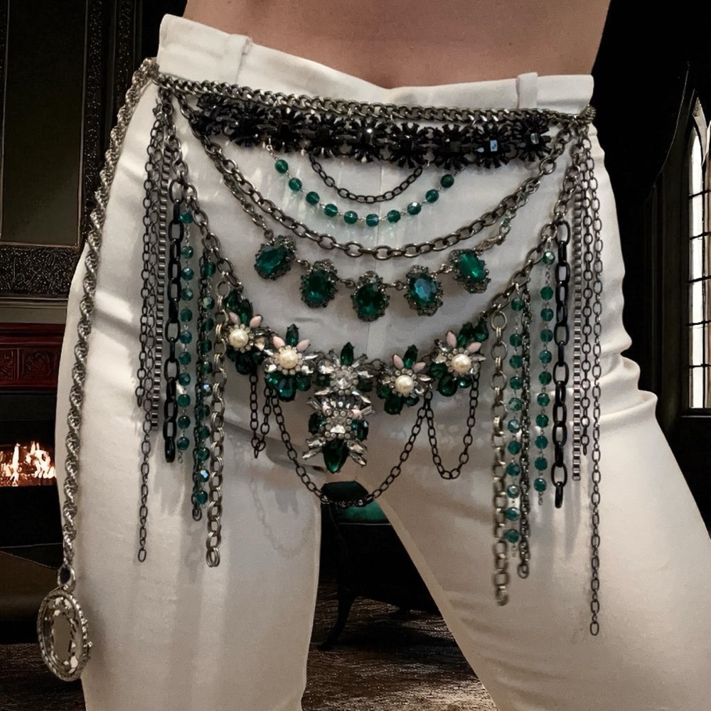 Victorian Style Upcycled Chain Belt Green Crystal Statement One of a Kind